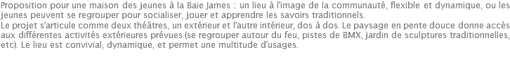 Proposition pour une maison des jeunes à la Baie James : un lieu à l'image de la communauté, flexible et dynamique, ou les jeunes peuvent se regrouper pour socialiser, jouer et apprendre les savoirs traditionnels. Le projet s'articule comme deux théâtres, un extérieur et l'autre intérieur, dos à dos. Le paysage en pente douce donne accès aux différentes activités extérieures prévues (se regrouper autour du feu, pistes de BMX, jardin de sculptures traditionnelles, etc). Le lieu est convivial, dynamique, et permet une multitude d'usages. 